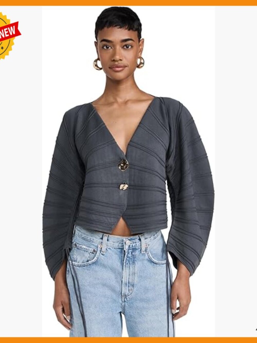Mid-Weight Knit Cardigan with Puff Sleeves and Gold Buttons